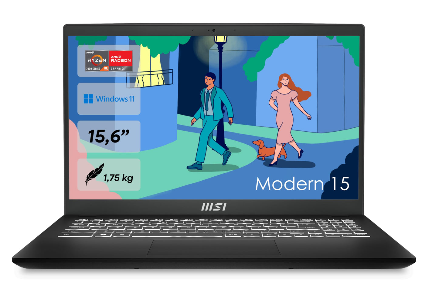 MSI Modern 15 Lifestyle & Business Laptop, 15,6 Zoll Full HD Display, AMD Ryzen 5 7530U Prozessor, 16 GB DDR4 RAM, 512GB SSD, AMD Radeon Graphics, Windows 11 Home, Schwarz, B7M-284