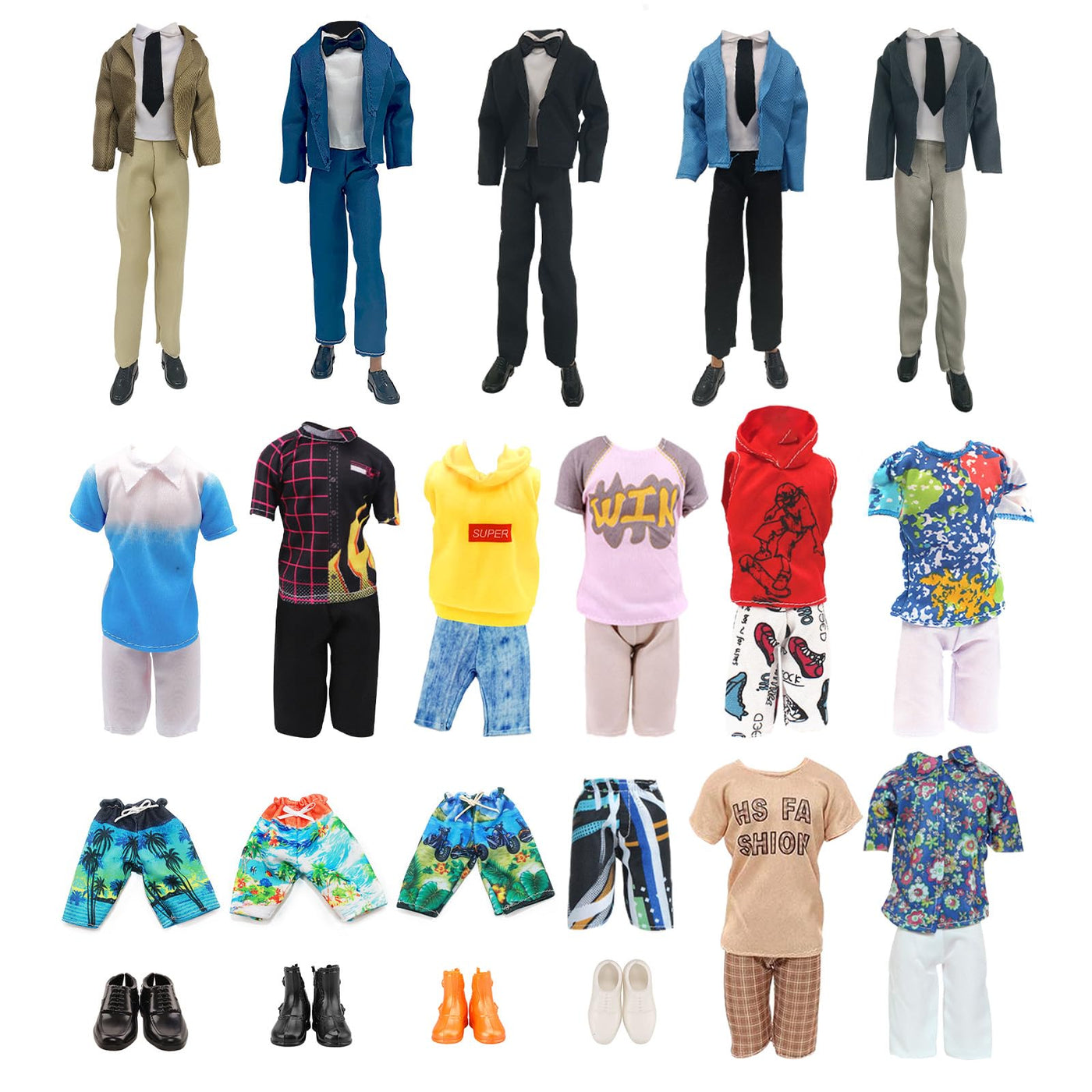 12 Kleidung und Zubehör Kompatibel mit Ken = 2 Sets Anzug + 2 Kurze Ärmel + 2 Shorts + 2 Badehose + 4 Schuhe, für 12 Zoll Jungen Puppen in Zufallsauswahl