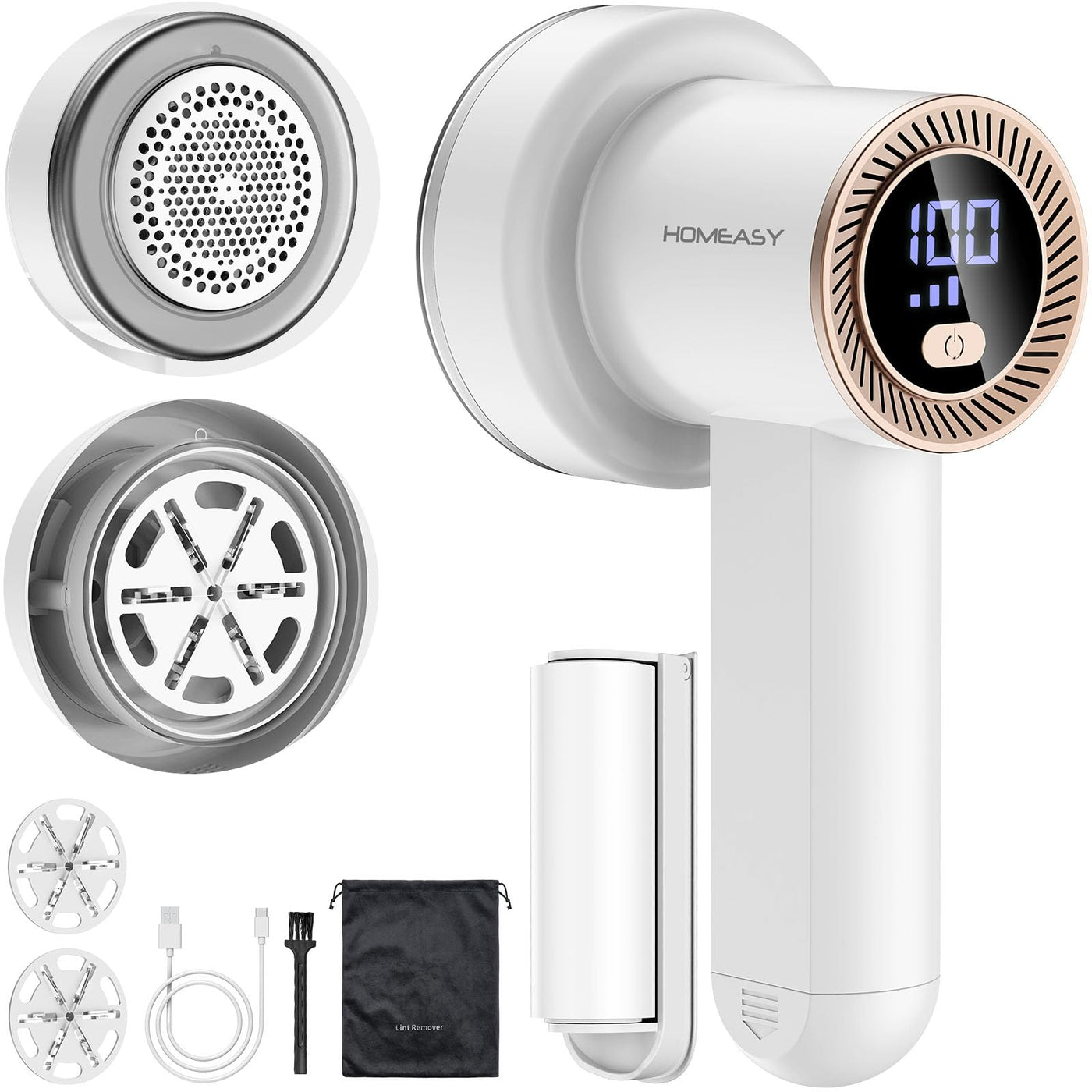 HOMEASY Fusselrasierer Elektrisch Tragbar Fusselentferner Aufladbar Fusselfräse LCD Anzeige mit 6 Klingen Kopf 3 Geschwindigkeiten 2 Ersatzklingen Reinigungsbürste Weiß