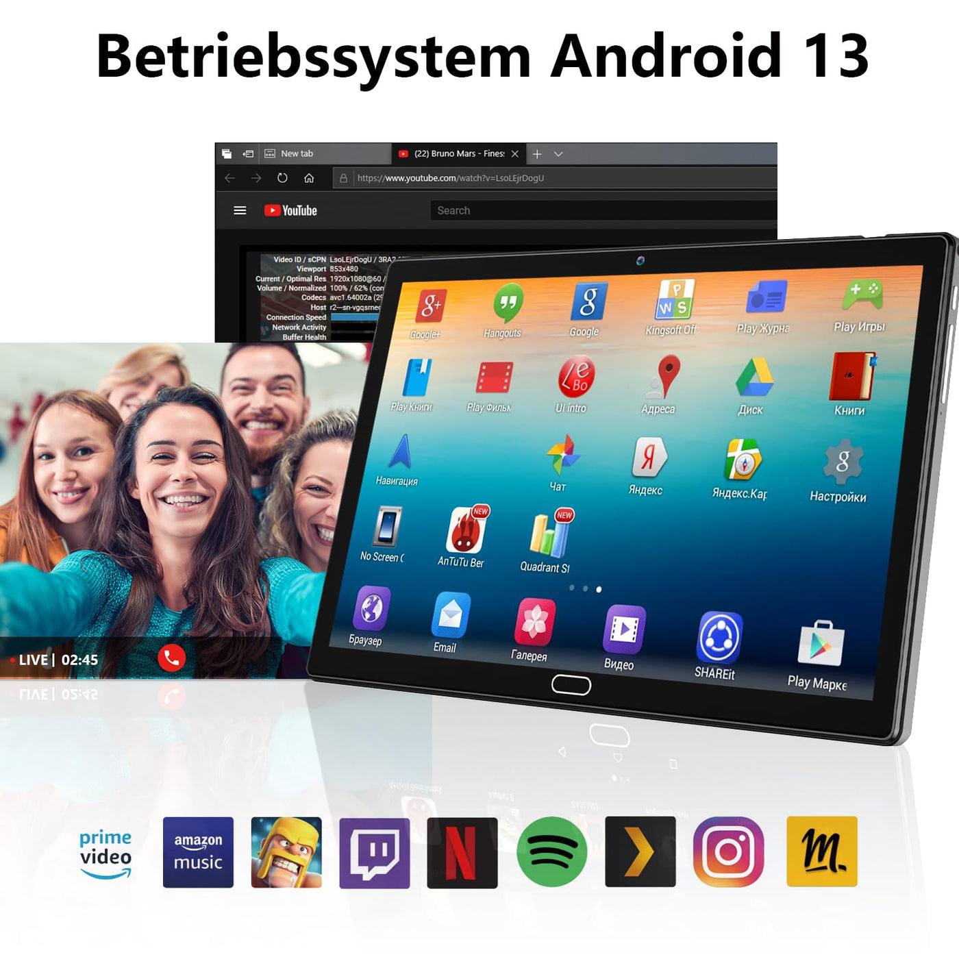 KADYBE 2025 Neueste Android Tablet 10 Zoll,2-in-1 Tablet Mit 2 SIM Slots 1 SD, 64GB ROM TF 512GB,Octa-Core,Tablets PC mit Tastatur Maus Schutzhülle,1080 LCD,5MP+13MP,WiFi GPS OTG-Typ C(Grau)