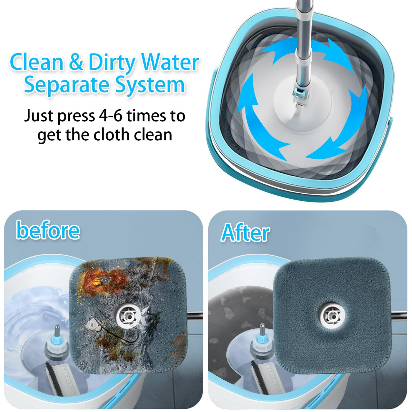 Withosent 130cm Wischmopp Set mit Eimer, 2-in-1 Filtersystem Trennt Schmutz von Frischwasser, Putzeimer Bodenwischer mit Auswringfunktion, mit 2 Mikrofaserbezug, für Fenster- Bodenreinigung