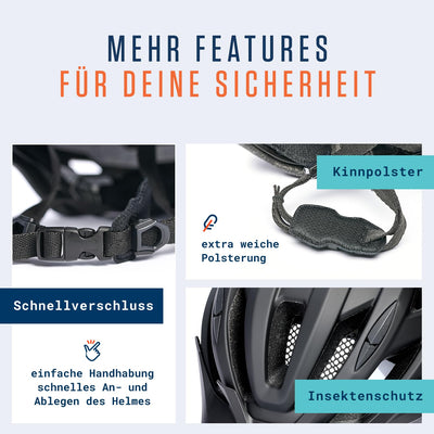 Alphatrail Fahrradhelm Ben - Sicher, Komfortabel & Leicht - Größe 55-61cm Schwarz - Allround, MTB, Trekking, City & E-Bike - Atmungsaktiver Fahrrad Helm Damen & Herren mit Insektenschutz, Kinnpolster