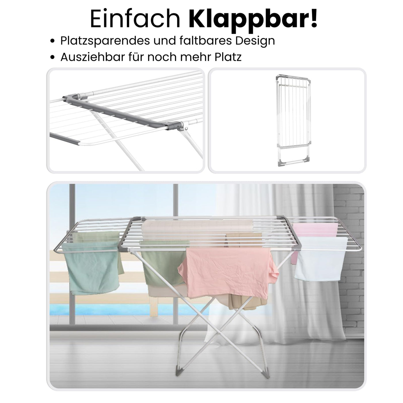 Coastech Wäscheständer - Ausziehbarer Wäscheständer für stabiles, rutschfestes und platzsparendes Wäschetrocknen - 136cm x 5.5cm x 57cm