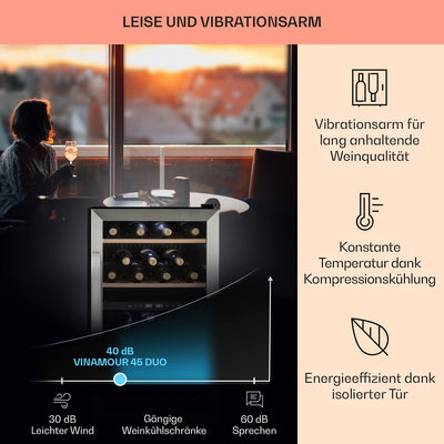 Klarstein Weinkühlschrank, Getränkekühlschrank Schmal, Kühlschrank mit Glastür, Getränkekühlschränke Freistehend, Weinkühlschrank Klein, Weinkühlschränke 2 Zonen, UV-Schutz, 5-18 °C, 45 Flaschen
