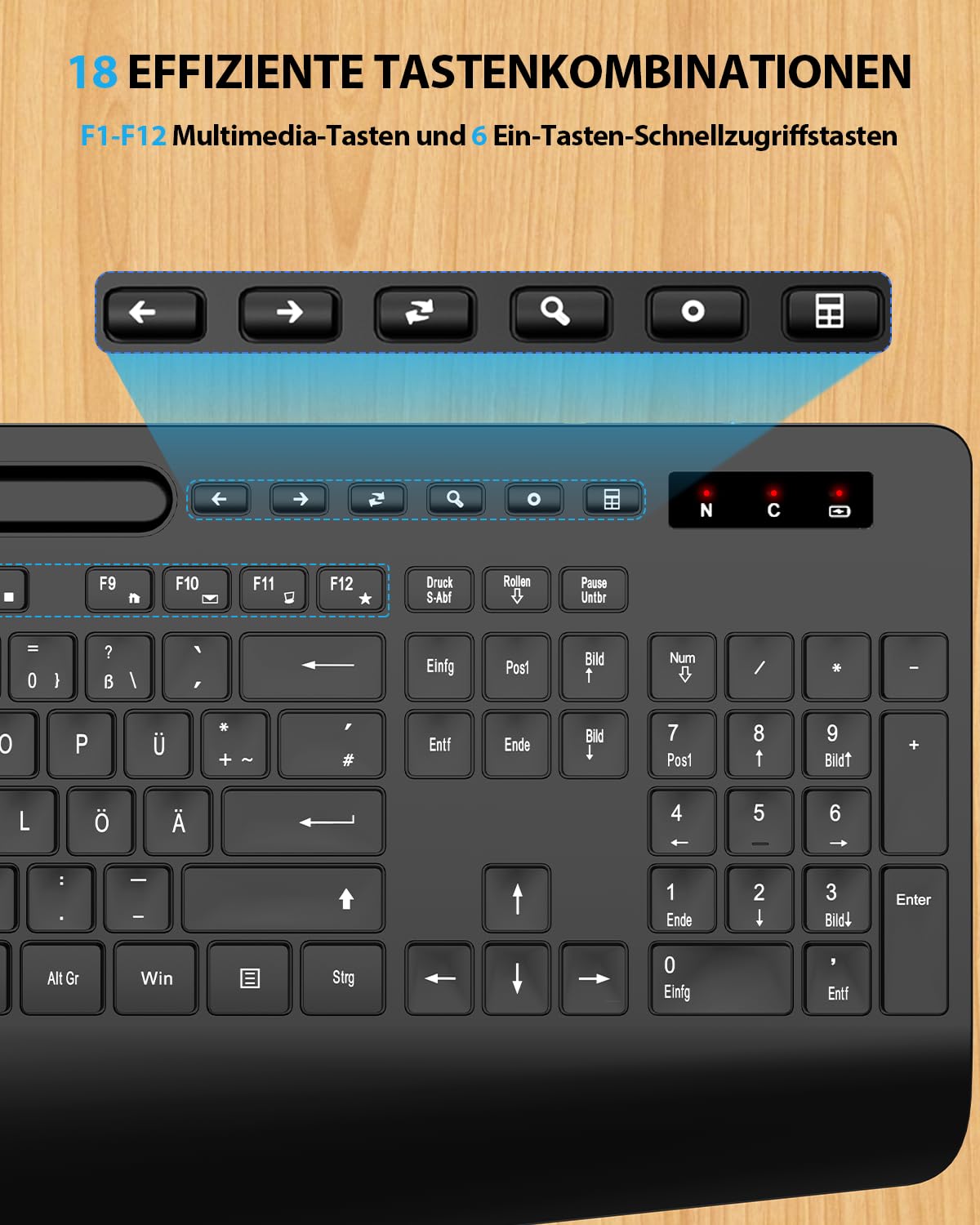 Tastatur Maus Set kabellos, Handballenauflage, Telefonhalter, Akku im Lieferumfang enthalten, 2.4G keine Latenz Ergonomische Tastatur kabellos Set, Leise Maus und Tastatur für Laptop, PC, Mac, Windows
