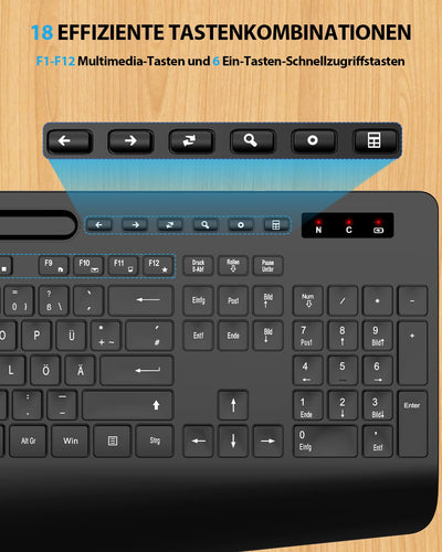 Tastatur Maus Set kabellos, Handballenauflage, Telefonhalter, Akku im Lieferumfang enthalten, 2.4G keine Latenz Ergonomische Tastatur kabellos Set, Leise Maus und Tastatur für Laptop, PC, Mac, Windows