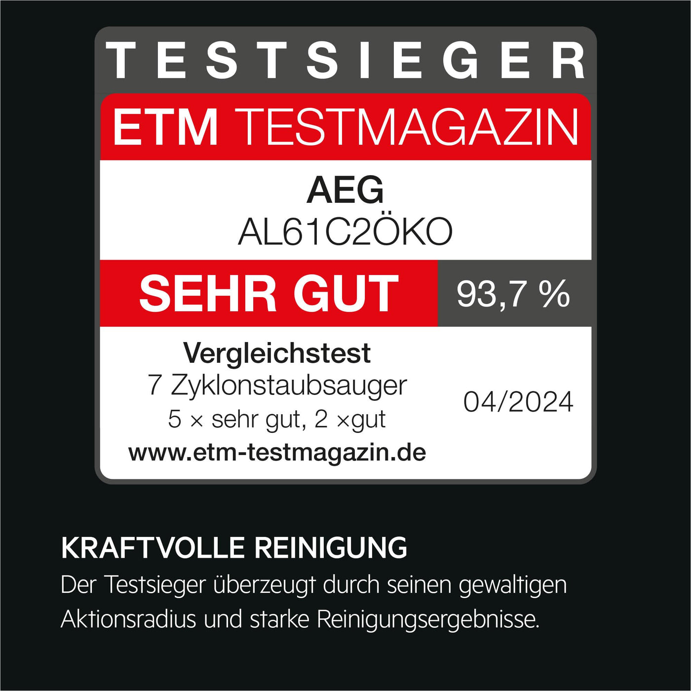 AEG CLEAN 6000 ÖKO AL61C2ÖKO Staubsauger beutellos / ETM Testsieger (SEHR GUT) / 60 % Recyclingmaterial / 550 W / Zusatzdüsen / Softräder / 74 dB(A) / 12m Aktionsradius / 1,6L Staubbehälter / Schwarz