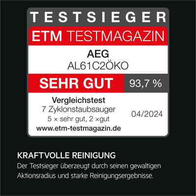 AEG CLEAN 6000 ÖKO AL61C2ÖKO Staubsauger beutellos / ETM Testsieger (SEHR GUT) / 60 % Recyclingmaterial / 550 W / Zusatzdüsen / Softräder / 74 dB(A) / 12m Aktionsradius / 1,6L Staubbehälter / Schwarz