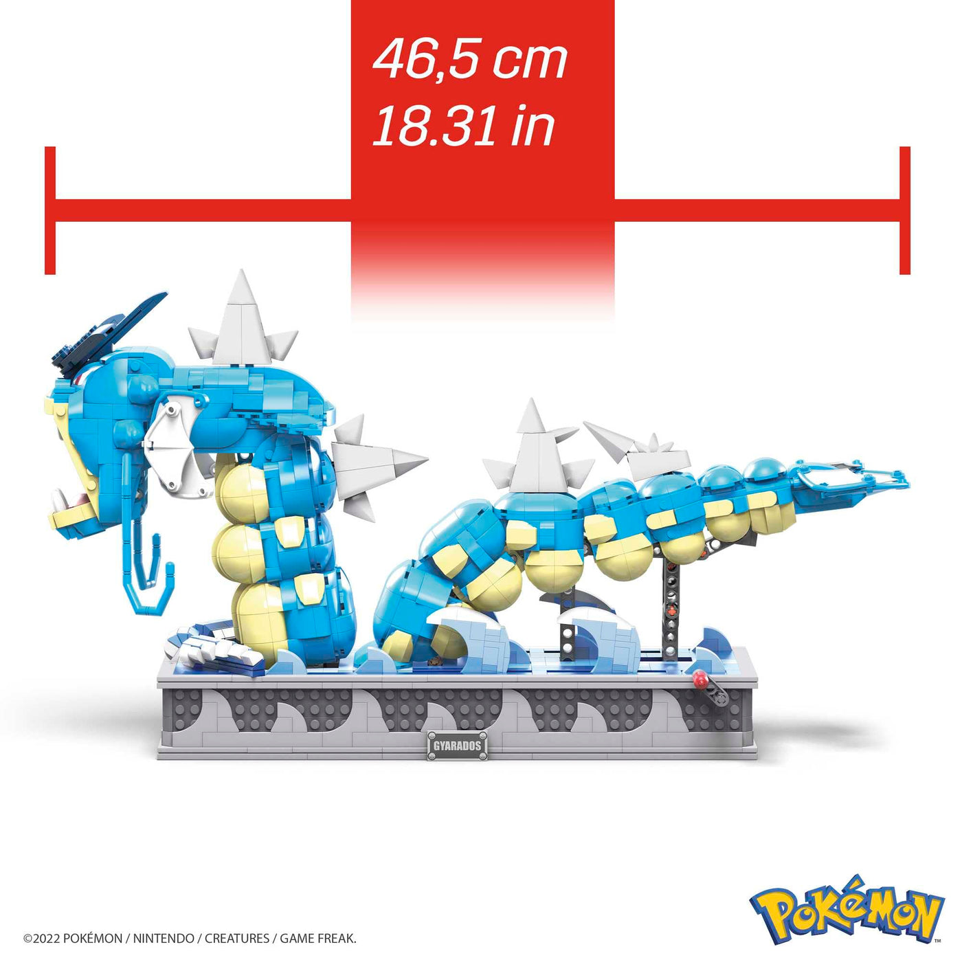 Mega Pokémon Figuren Bauset Garados, 2.186 Teile, vollständig mechanisiertes und bewegliches Bauspielzeug mit Display-Ständer, Pokémon Spielzeug, Spielzeug ab 12 Jahren, HGC24