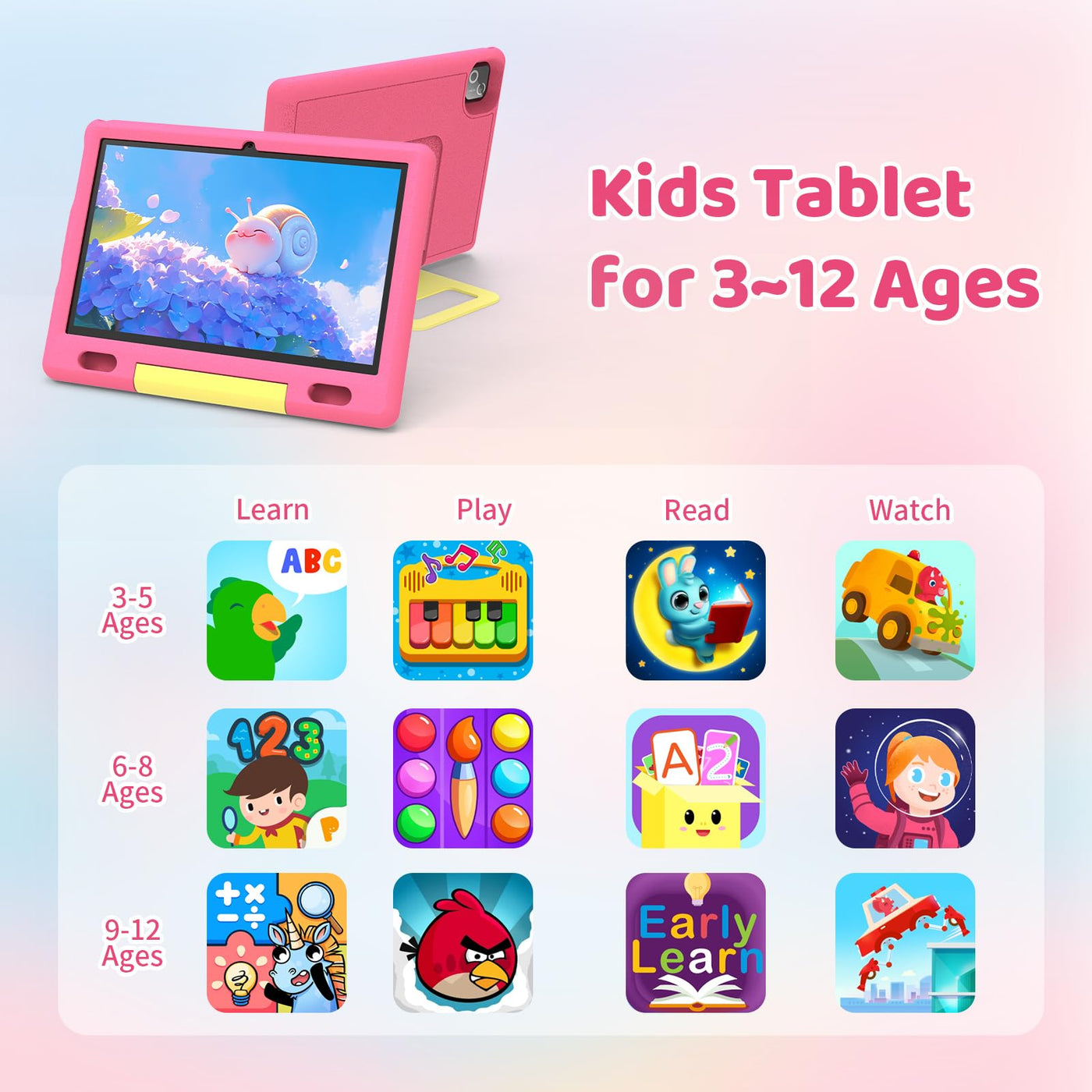 Ainmel Kinder Tablet 10 Zoll Octa-Core Android 14 Tablet für Kinder, 16GB+128GB (1TB TF), Kindersicherung, WiFi 6/Bluetooth 5.3, Widevine L1 mit Kindersicheres Gehäuse -Rosa