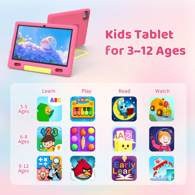 Ainmel Kinder Tablet 10 Zoll Octa-Core Android 14 Tablet für Kinder, 16GB+128GB (1TB TF), Kindersicherung, WiFi 6/Bluetooth 5.3, Widevine L1 mit Kindersicheres Gehäuse -Rosa