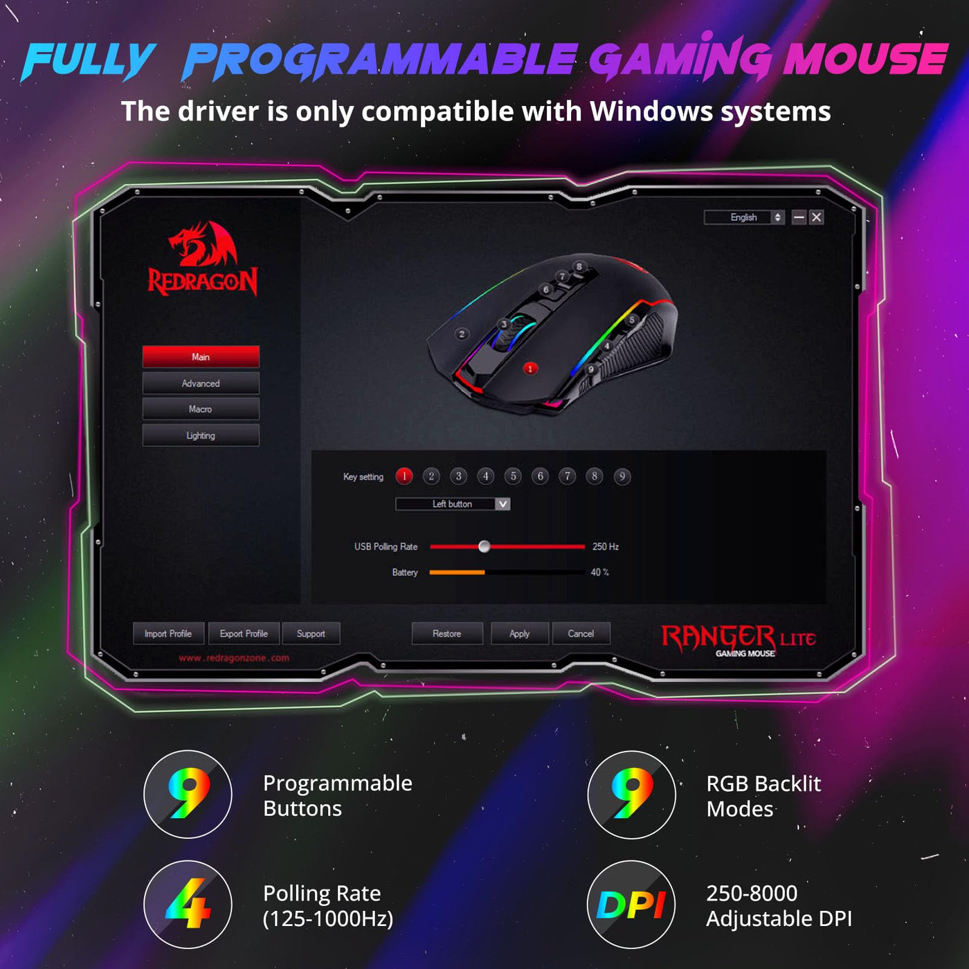 Redragon Gaming Maus Kabellose, RGB Wiederaufladbare Gaming-Maus mit 9 Macro Editing Programmierbare Tasten/8000 DPI, Ergonomische Wireless Gaming Maus, 70Hrs fur PC/Mac Gamer