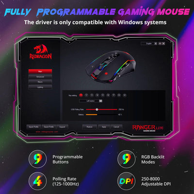 Redragon Gaming Maus Kabellose, RGB Wiederaufladbare Gaming-Maus mit 9 Macro Editing Programmierbare Tasten/8000 DPI, Ergonomische Wireless Gaming Maus, 70Hrs fur PC/Mac Gamer