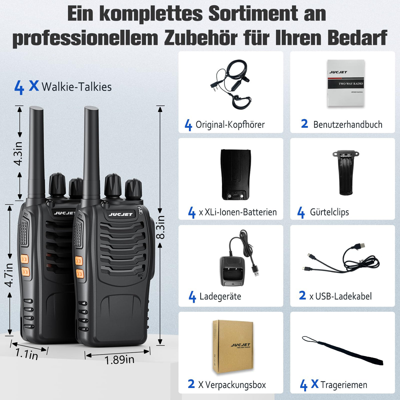 JUCJET 88E Walkie Talkie,Lizenzfrei PMR446 16 Kanäle Funkgeräte,2W Funkempfang 16 Kanäle 3-5 Meile Reichweite Sprechfunkgerä,Mit USB-Ladestation und Headset, (Schwarz, 4 Stück)