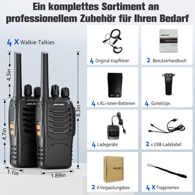 JUCJET 88E Walkie Talkie,Lizenzfrei PMR446 16 Kanäle Funkgeräte,2W Funkempfang 16 Kanäle 3-5 Meile Reichweite Sprechfunkgerä,Mit USB-Ladestation und Headset, (Schwarz, 4 Stück)
