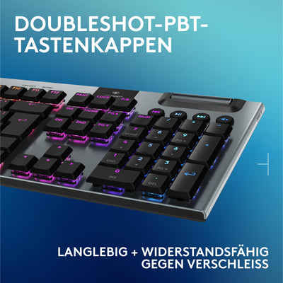 Logitech G G915 X LIGHTSPEED TKL – flache kabellose Gaming-Tastatur mit Double-Shot-PBT-Tastenkappen, RGB-Hintergrundbeleuchtung, roten linearen GL-Switches für PC/Mac, DEU QWERTZ-Layout - Schwarz