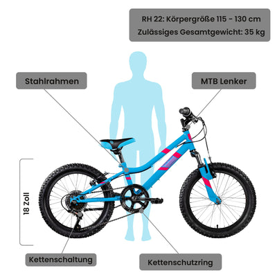 Galano GA20 Kinder Fahrrad ab 115-130cm oder 5 Jahre 7 Gang Mountainbike 18 Zoll für Mädchen oder Jungen Kinderfahrrad Hardtail MTB vorne gefedert, leicht (22 cm, blau)