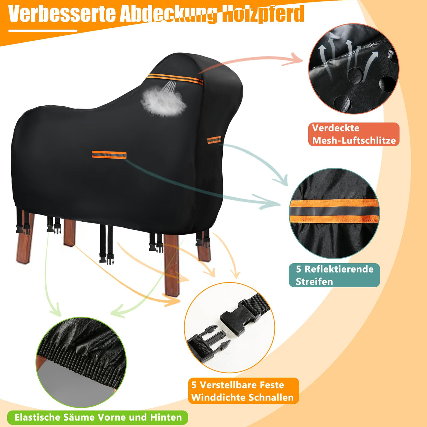 Abdeckung für Holzpferd Wasserdicht Outdoor, 420D Oxford Holzpferd für Draußen Abdeckplanen, UV-beständig Universal Garten-pferd Abdeckplane mit Wasserdichten Streifen & 5 Reflektierenden Streifen