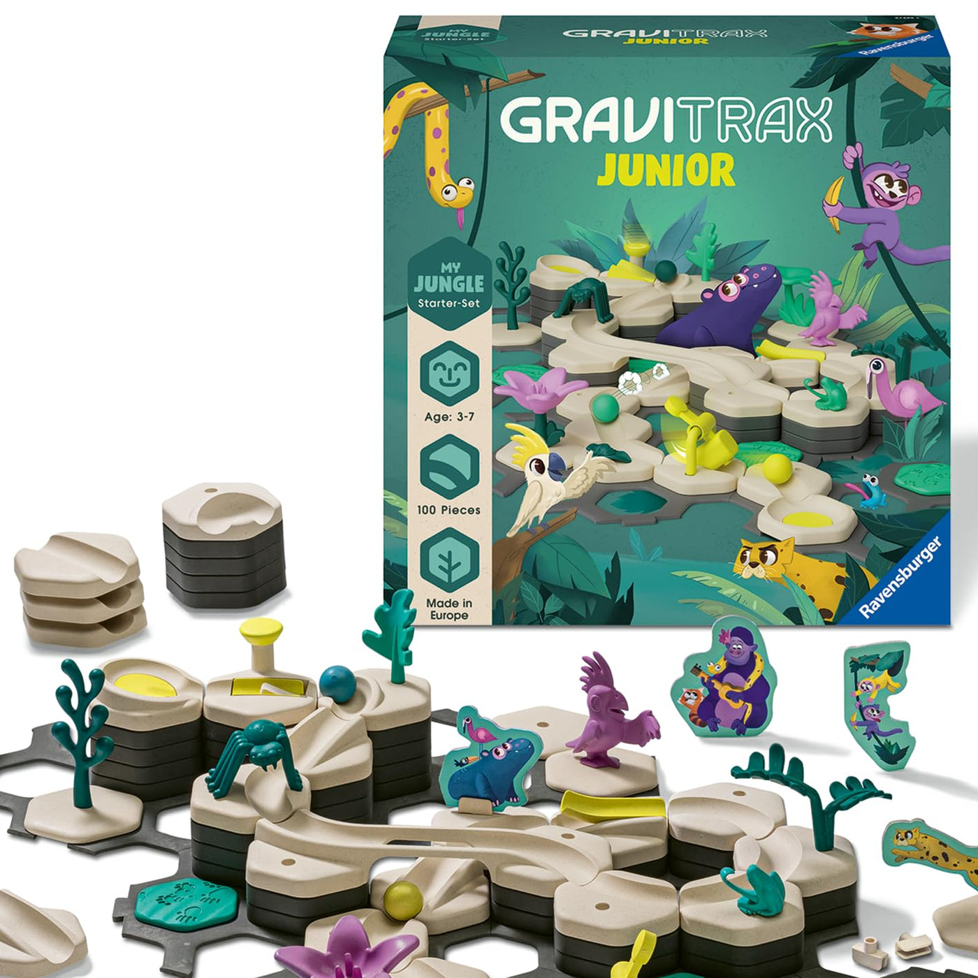 Ravensburger GraviTrax Junior Starter-Set L Jungle 27499 -Murmelbahn überwiegend aus nachwachsenden Rohstoffen mit Themenwelten, Lern- und Konstruktionsspielzeug für Jungs und Mädchen ab 3 Jahren