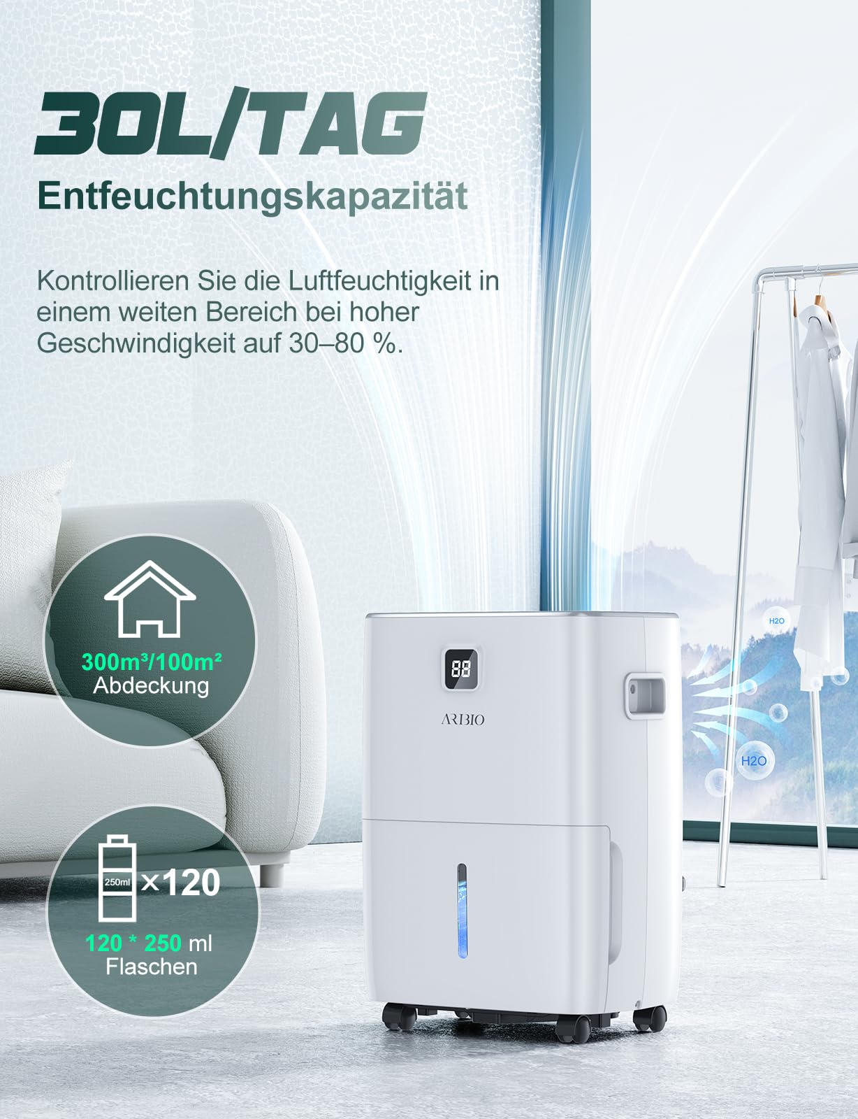 Luftentfeuchter Elektrisch 30L/24H, Mit Feuchtigkeitssensor und LED-Anzeige, Raumgröße ca.300m³/100m², 4L Wassertank und Abflussrohr, 24H Timer, für Gegen Feuchtigkeit, Schimmel und Wäschetrocknung