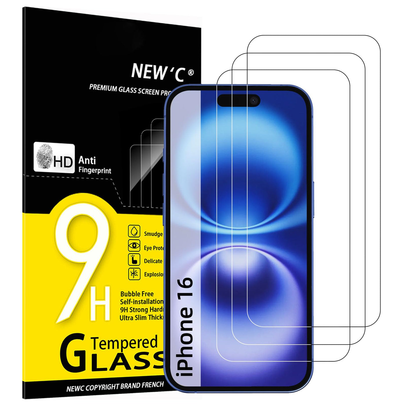 NEW'C 3 Stück, Panzer Schutz Glas für iPhone 16 (6,1"), Frei von Kratzern, 9H Härte, HD Displayschutzfolie, 0.33mm Ultra-klar, Ultrabeständi