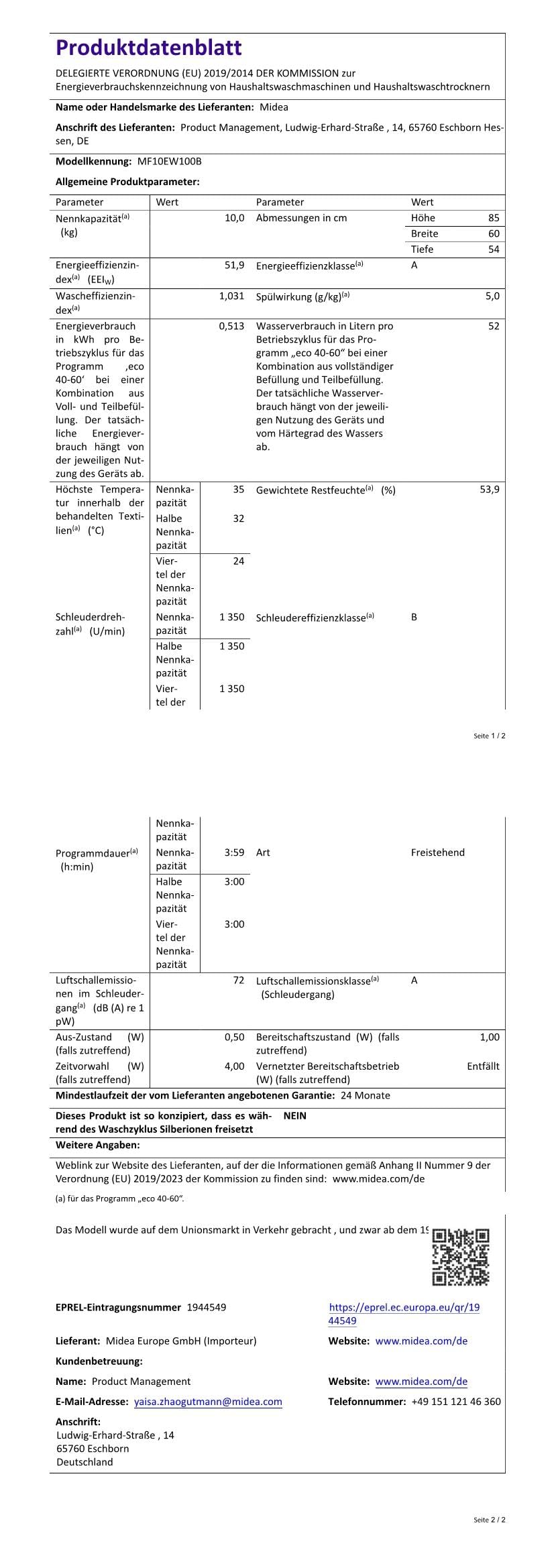Midea MF10EW100B Waschmaschine / 10kg / 1400 U/Min/EEK A/Inverter Quattro Motor/Dampffunktion/Grosse Trommel/Nachlegefunktion/Kindersicherung/AquaStop, Weiß
