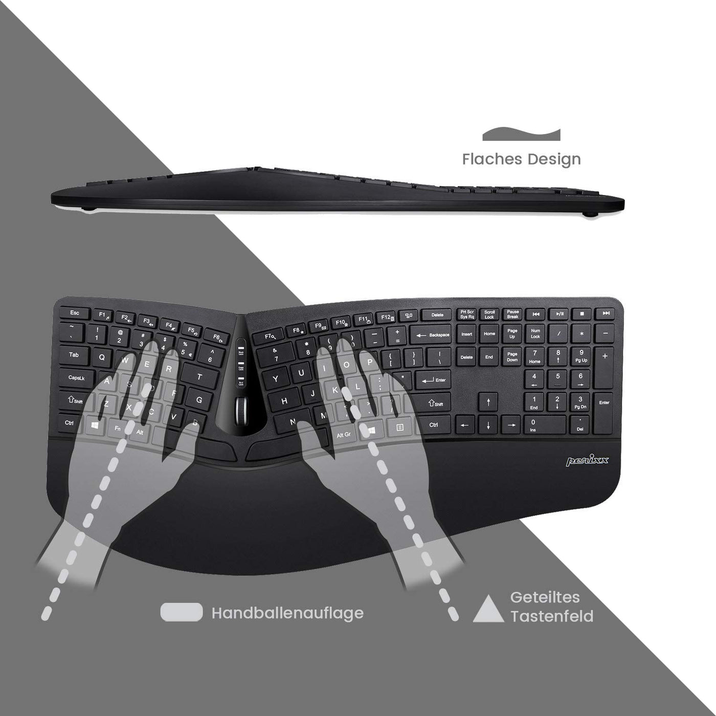 Perixx Periduo-605, Kabellose Ergonomische Tastatur und Vertikale Maus Desktop Set, Geteiltes Tastenfeld, 4-Wege-Scrollrad, Anpassbare Handballenauflage und Flachen Tasten mit Vertikalmaus
