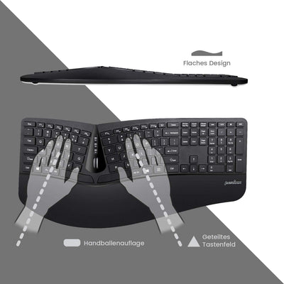 Perixx Periduo-605, Kabellose Ergonomische Tastatur und Vertikale Maus Desktop Set, Geteiltes Tastenfeld, 4-Wege-Scrollrad, Anpassbare Handballenauflage und Flachen Tasten mit Vertikalmaus