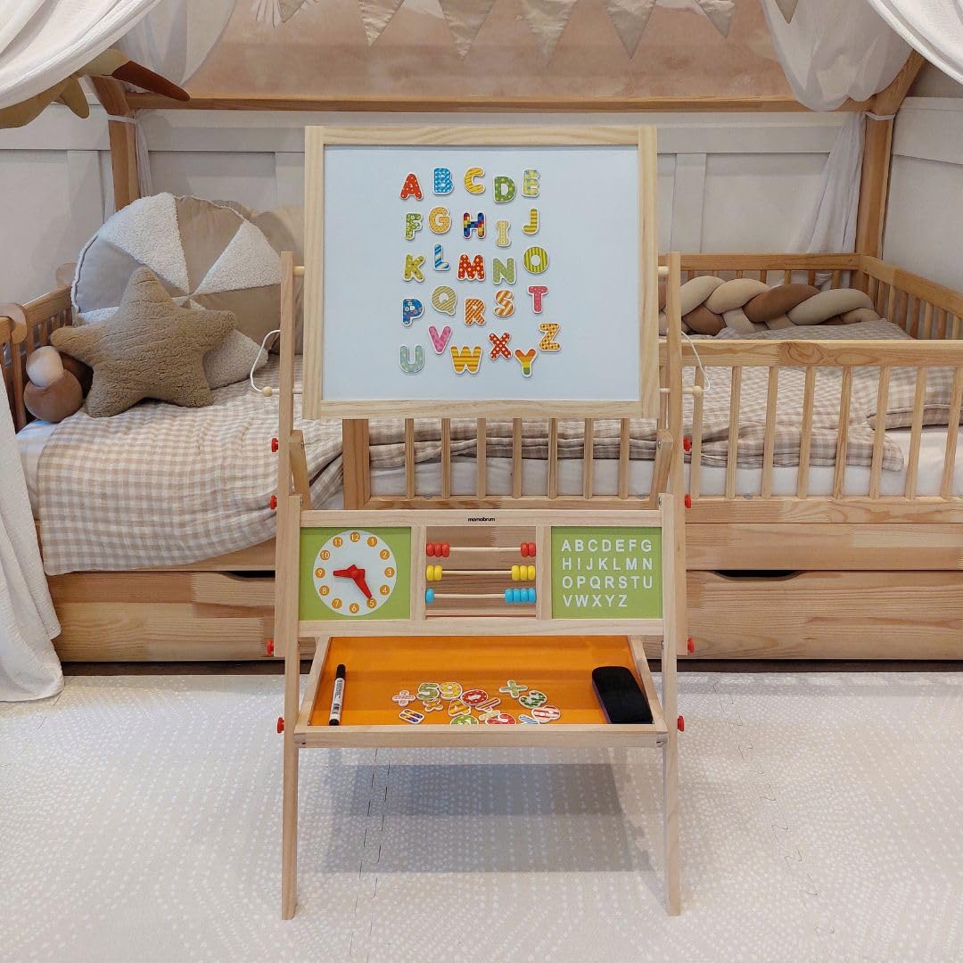 Mamabrum, Spieltafel aus Holz, doppelseitige Kindertafel Magnetisch und Kreide Kindertafel, Doppelseitiges, Zeichenbrett Kinder Tafel, Spieltafel mit Aufbewahrungsregal und Zubehör
