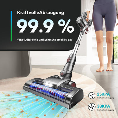 KLiHD Akku Staubsauger Staubsauger Kabellos: 450W/38000Pa mit LED Display Bis zu 55Mins Laufzeit Anti-Tangle-Staubsauger Stielstaubsauger für Tierhaare Hartböden Teppich