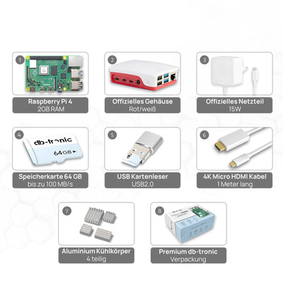 Raspberry Pi 4 2GB Starter-Kit | USB-C Netzteil 15W | Gehäuse | 64GB SD Karte | 4k Micro HDMI Kabel | Kühlkörper Set