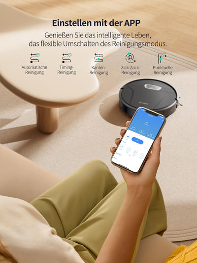 HONITURE Saugroboter mit Wischfunktion,G20 Pro Staubsauger Roboter mit 4500Pa Starke Saugkraft,7,6 cm Roboterstaubsauger mit APP Steuerung 180 Min Laufzeit,Ideal für Tierhaare,Teppiche und Hartböden