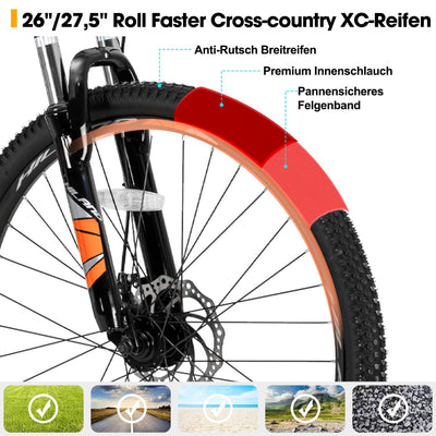 HILAND 27,5 Zoll Mountainbike 21-Gang MTB Aluminiumrahmen Scheibenbremse Speichenräder Jugendliche Fahrad Herr Damen Einteiliges Fahrradrad Schwarz&Orange
