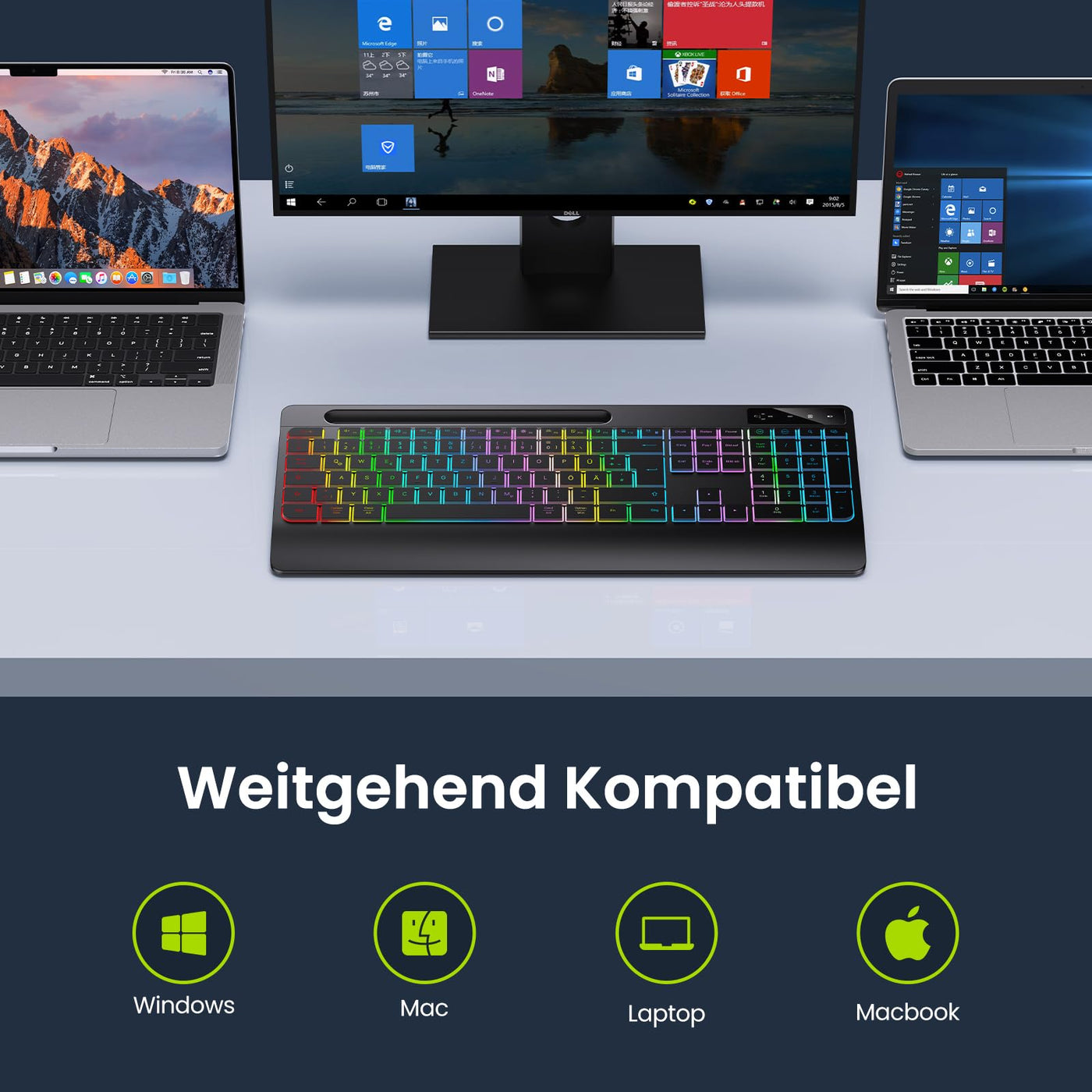 TECURS Gaming Tastatur Kabellos-Leise, Ergonomisch, 2 in 1 USB A/C, Multimedia-Tasten, Handy Halter, Kabellose Tastatur Beleuchtet Wireless für PC/Windows/Mac, QWERTZ Deutsche Layout(Schwarz)