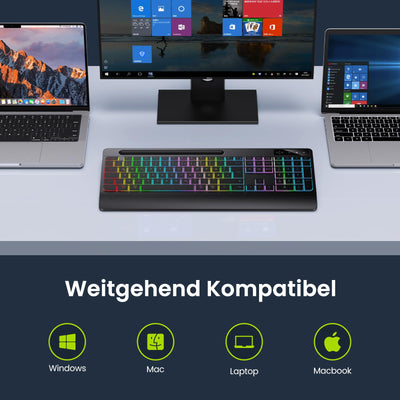 TECURS Gaming Tastatur Kabellos-Leise, Ergonomisch, 2 in 1 USB A/C, Multimedia-Tasten, Handy Halter, Kabellose Tastatur Beleuchtet Wireless für PC/Windows/Mac, QWERTZ Deutsche Layout(Schwarz)