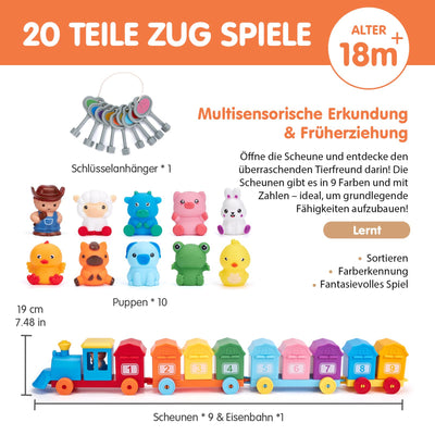 hahaland Zug Spielzeug mit Bauernhoftiere & Schlüssel,Montessori Spielzeug 2 Jahre zum Zählen,Sortierspiel,Zuordnen,Motorikspielzeug mit Fingerpuppen, Kinderspielzeug ab 2 3 4 5 Jahre Geschenk