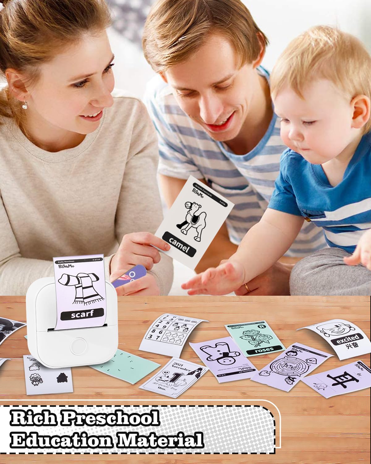 Memoking Tragbarer Mini Aufkleberdrucker - T02 Taschendrucker Bluetooth Fotodrucker, Lerngrafiken für Kinder, Gymnasiasten, Universitätsstudent, Mini Drucker mit 3 Rollen Thermopapier Selbstklebend