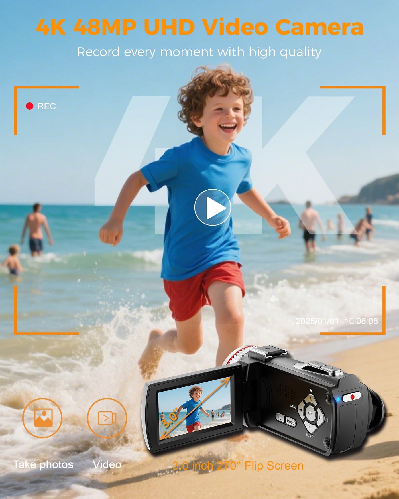 Videokamera 4K 60FPS Camcorder, 48MP 21X Digitalzoom Vlogging Kamera für YouTube, 3.0'' 270°Drehbarer Screen Vlog Camera, Video Kamera mit Externem Mikrofon, Fernbedienung, 64 GB Karte, 2 Batterien