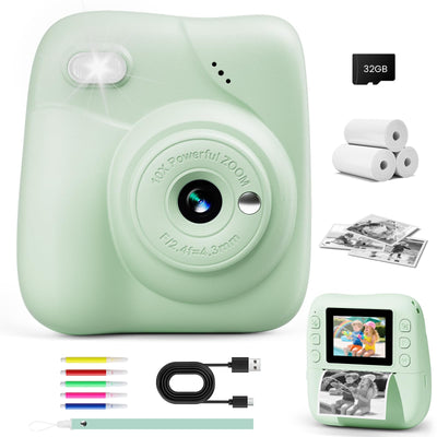 CAMCLID Kinderkamera Sofortbildkamera, 1080P Sofortbildkamera Kinder mit 32GB Karte & 3 Rollen Druckpapier, 48MP Digitalkamera Kinder Kamera, Geschenk für Jungen und Mädchen 3-12 Jahre (Grün)