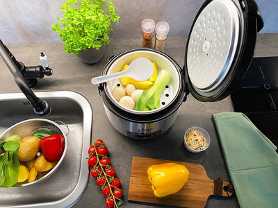 Russell Hobbs Reiskocher [Testsieger] 1,2l inkl. Dampfgarer -Einsatz mit Aroma-Klappdeckel (Warmhaltefunktion, antihaftbeschichteter Gartopf, Reislöffel & Messbecher, Edelstahl) 27080-56