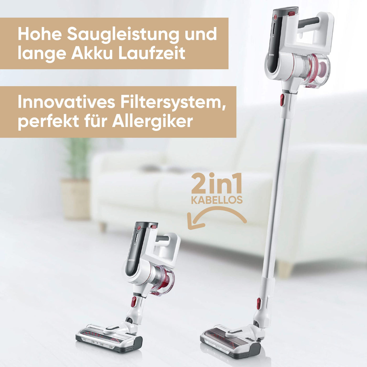 SEVERIN Akku Staubsauger kabellos 60 Min Laufzeit, 23Kpa/400W 2-in-1 Staubsauger für Tierhaare, ultraleicht & beutellos für Teppich, Hartböden & Auto, HV 7166