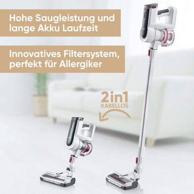 SEVERIN Akku Staubsauger kabellos 60 Min Laufzeit, 23Kpa/400W 2-in-1 Staubsauger für Tierhaare, ultraleicht & beutellos für Teppich, Hartböden & Auto, HV 7166