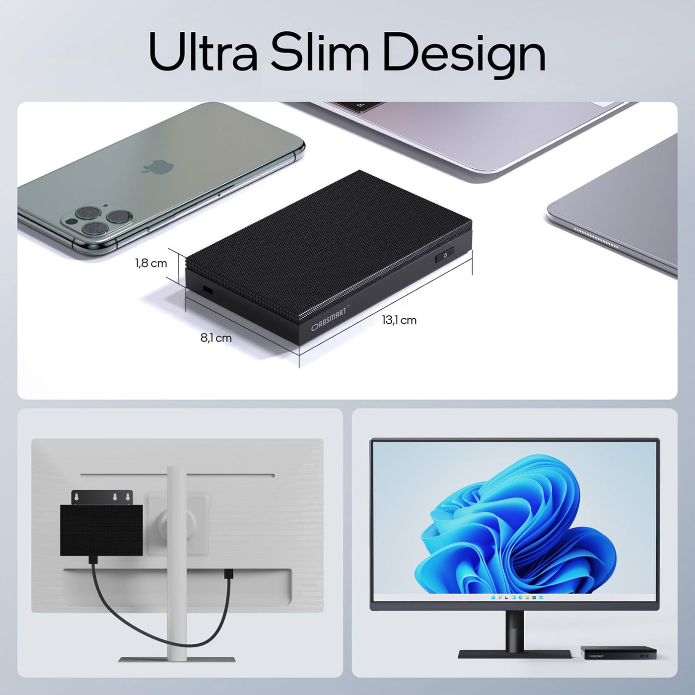 Orbsmart AW-15L Mini-PC Win11 Pro Desktop-PC | Computer | Micro-PC | lüfterlos | stromsparend (Intel N100 CPU, 16GB RAM, 512GB eMMC, USB-C, WiFi 6)