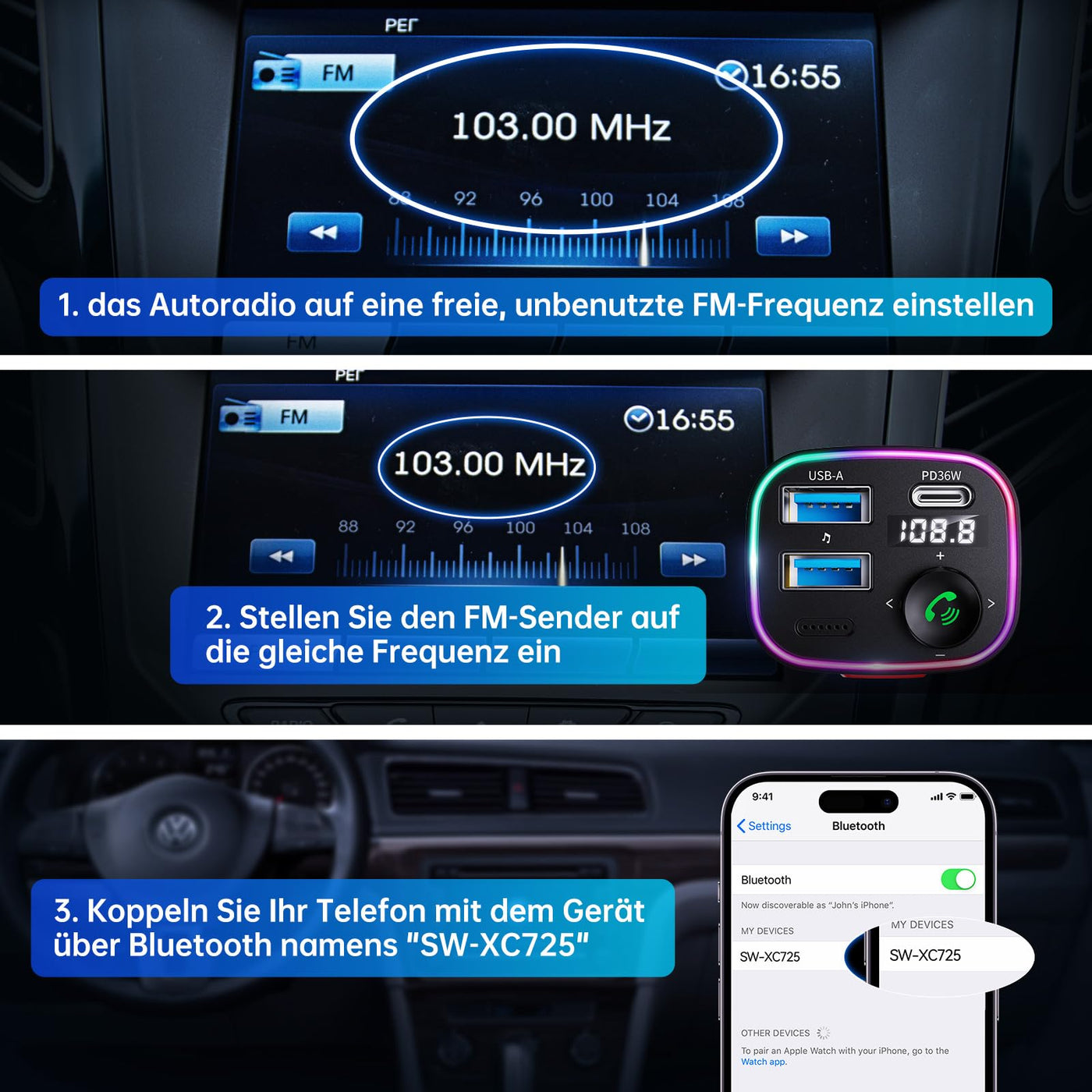 Syncwire FM Transmitter Auto Bluetooth 5.4 48W (PD 36W & 12W) Bluetooth Adapter Auto mit [Lichtschalter] [HiFi-Bass-Sound] [Schnellladen] Freisprecheinrichtung Autoladegerät Zigarettenanzünder