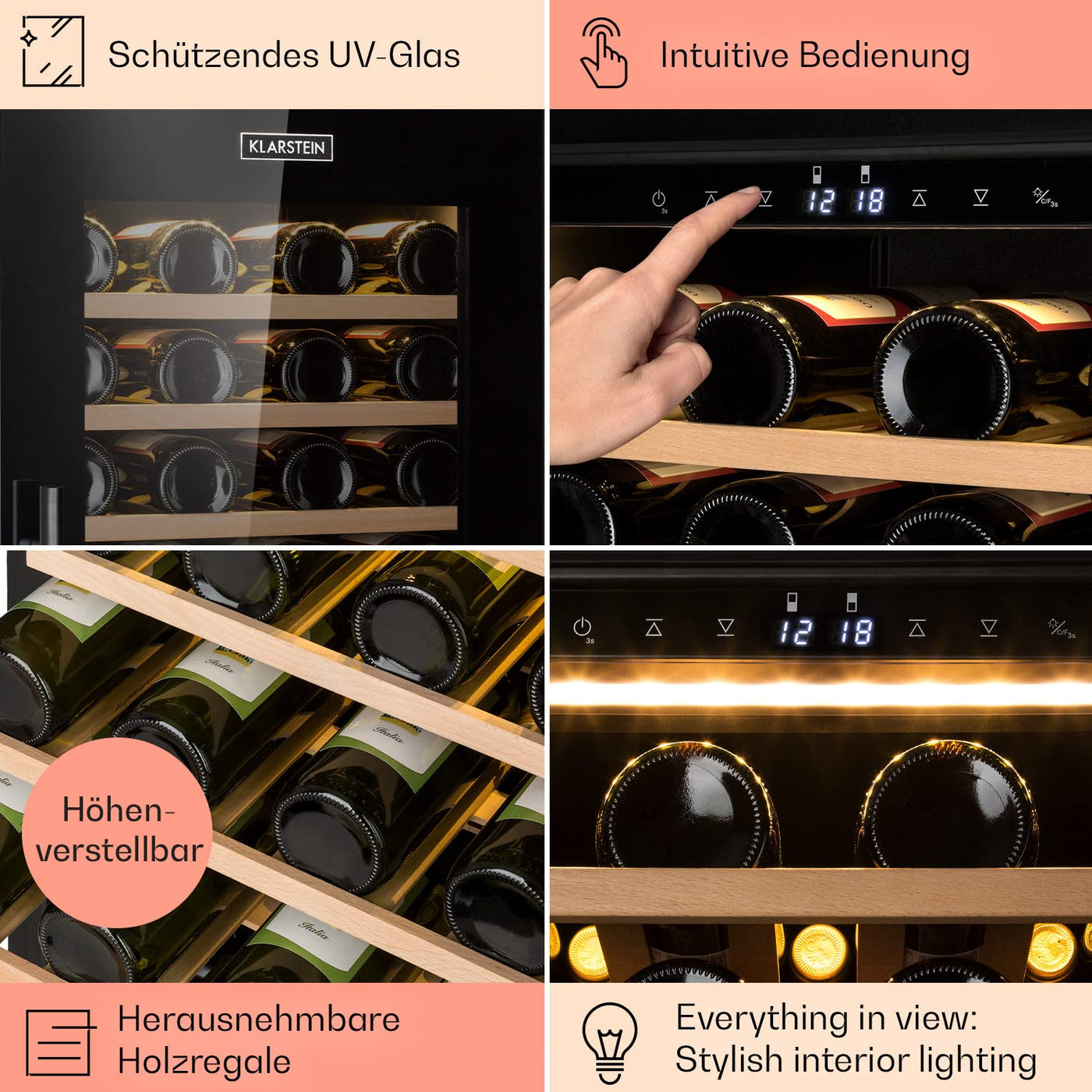 Klarstein Weinkühlschrank, Getränkekühlschrank Schmal, 2 Zonen Kühlschrank mit Glastür, Getränkekühlschränke Freistehend, Weinkühlschrank Klein, Weinkühlschränke mit UV-Schutz, 5-20°C, 77 Flaschen