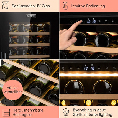 Klarstein Weinkühlschrank, Getränkekühlschrank Schmal, 2 Zonen Kühlschrank mit Glastür, Getränkekühlschränke Freistehend, Weinkühlschrank Klein, Weinkühlschränke mit UV-Schutz, 5-20°C, 77 Flaschen