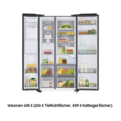 Samsung Side-by-Side-Kühlschrank mit Gefrierfach, 178 cm, 635 l, AI Energy Mode, Wasser- und Eisspender, No Frost+, Premium Black Steel, RS6GA854CB1/EG