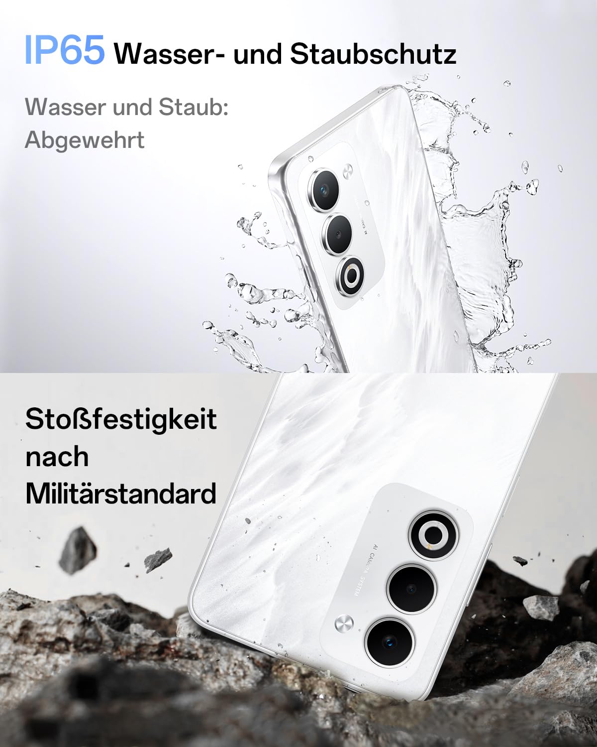 OPPO A5 4G 6GB+128GB, Entsperrtes Smartphone mit KI, 6,67-Zoll-Display mit 90 Hz, 50-MP-AF-Kamera, 6000-mAh-Akku, IP65-Schutz gegen Wasser und Staub, Mist White (inklusive 45-W-SUPERVOOC-Ladegerät)