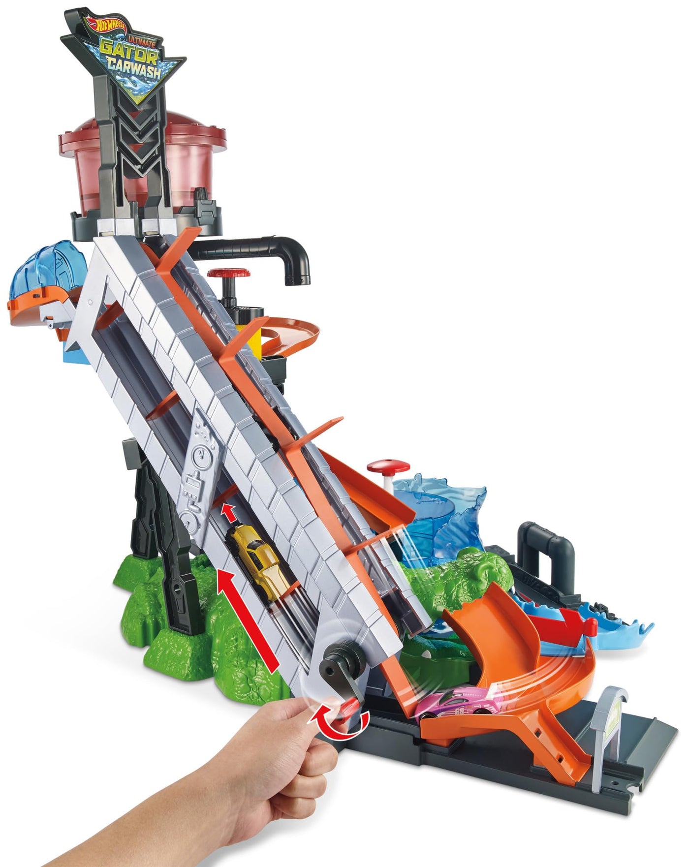 Hot Wheels FTB67 - City Ultimative Autowaschanlage mit Krokodil, Car Wash Waschstation Spielset mit Farbwechseleffekt inkl. 1 Spielzeugauto und Alligator, Spielzeug Autorennbahn ab 4 Jahren