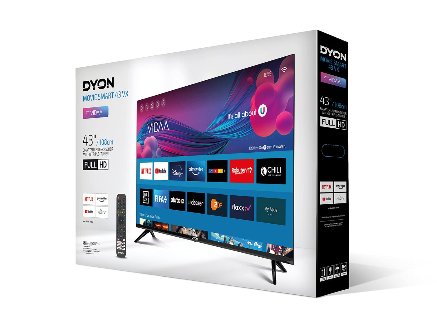 DYON Movie Smart 43 VX 108 cm (43 Zoll) Fernseher (Full-HD Smart TV, HD Triple Tuner (DVB-C/-S2/-T2), App Store, Prime Video, Netflix, YouTube, DAZN, Disney+) [Mod. 2023]
